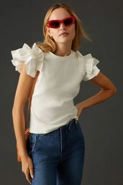 New ❤️ By Anthropologie Woven Ruffle Top WHITE ⌛