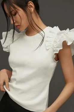 New ❤️ By Anthropologie Woven Ruffle Top WHITE ⌛ -Pilcro shop unnamed file 1031