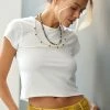 Outlet ???? By Anthropologie Rolled Raw-Edge Fitted Crop Tee WHITE ????