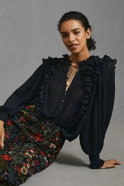 Top 10 👏 By Anthropologie Pleated Ruffled Blouse BLACK 🌟