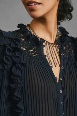 Top 10 👏 By Anthropologie Pleated Ruffled Blouse BLACK 🌟 -Pilcro shop unnamed file 265