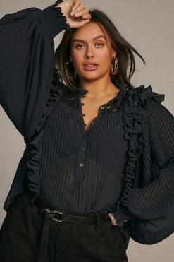 Top 10 👏 By Anthropologie Pleated Ruffled Blouse BLACK 🌟 -Pilcro shop unnamed file 267