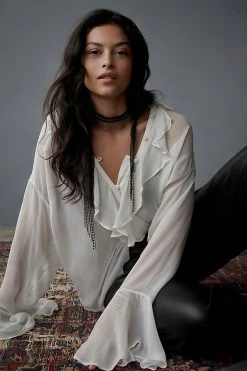 Buy 🎁 By Anthropologie Ruffle-Front Buttondown 👚 Shirt IVORY 🥰