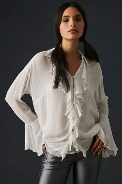 Buy 🎁 By Anthropologie Ruffle-Front Buttondown 👚 Shirt IVORY 🥰 -Pilcro shop unnamed file 272