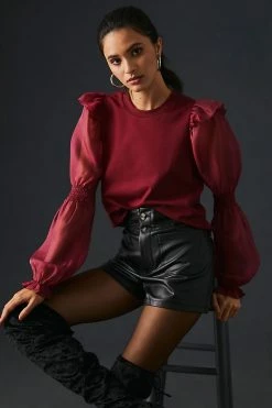 Discount ⌛ English Factory Ruffled Puff-Sleeve Blouse WINE 🧨