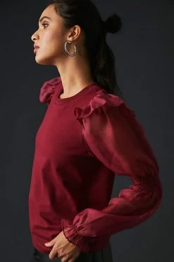Discount ⌛ English Factory Ruffled Puff-Sleeve Blouse WINE 🧨 -Pilcro shop unnamed file 289
