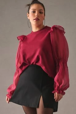 Discount ⌛ English Factory Ruffled Puff-Sleeve Blouse WINE 🧨 -Pilcro shop unnamed file 291