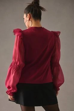Discount ⌛ English Factory Ruffled Puff-Sleeve Blouse WINE 🧨 -Pilcro shop unnamed file 292