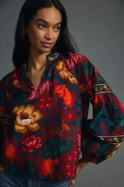 New ???? Farm Rio V-Neck Poplin Blouse RED MOTIF ???? -Pilcro shop unnamed file 313