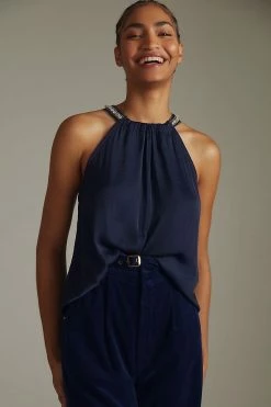 Promo 😍 By Anthropologie Embellished Halter Top NAVY 😀