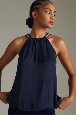 Promo 😍 By Anthropologie Embellished Halter Top NAVY 😀 -Pilcro shop unnamed file 348