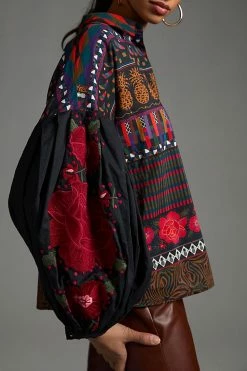 Wholesale 🧨 Farm Rio Farm X Anthropologie Puff-Sleeve Blouse BLACK MOTIF ✔️ -Pilcro shop unnamed file 358