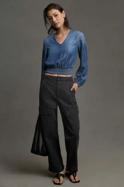 Outlet 😀 Cloth & Stone Smocked-Waist Blouse DENIM DARK 😉