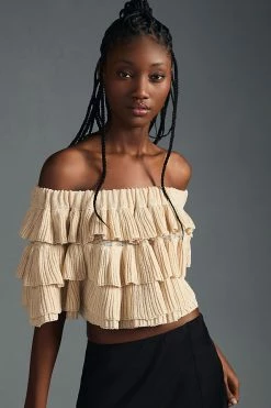 Coupon 🌟 MABLE Off-The-Shoulder Ruffle Top LIGHT SAND 👏 -Pilcro shop unnamed file 388