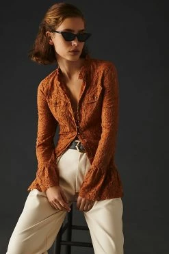 Best Pirce ❤️ By Anthropologie Lace Buttondown Blouse COPPER ✔️