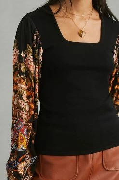 Buy 🎉 Bl-nk Printed-Sleeve Sweater Top BLACK MOTIF 👏 -Pilcro shop unnamed file 413