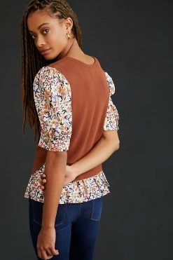 Budget ⭐ By Anthropologie Puff-Sleeve Sweater BROWN MOTIF 👍 -Pilcro shop unnamed file 442