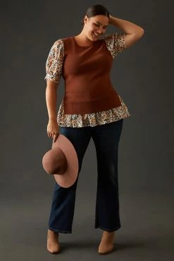 Budget ⭐ By Anthropologie Puff-Sleeve Sweater BROWN MOTIF 👍 -Pilcro shop unnamed file 444