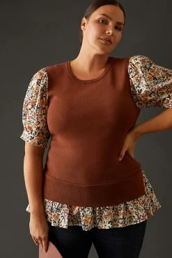 Budget ⭐ By Anthropologie Puff-Sleeve Sweater BROWN MOTIF 👍 -Pilcro shop unnamed file 445