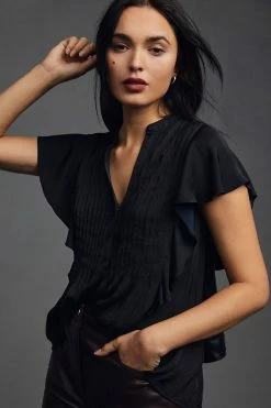 Cheap 💯 By Anthropologie Ruffled Pintucked Blouse BLACK ✔️