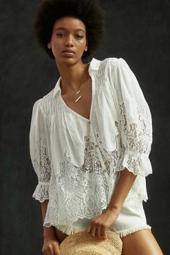 Hot Sale ???? By Anthropologie Victorian Sheer-Lace Blouse WHITE ???? -Pilcro shop unnamed file 691