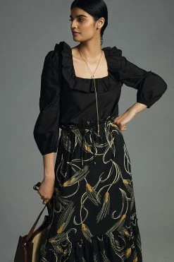 Hot Sale ???? English Factory Square-Neck Ruffle Blouse BLACK ????