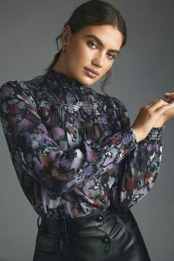 Best Pirce 🔔 Bella Dahl Smocked High-Neck Blouse PURPLE MOTIF 🎉