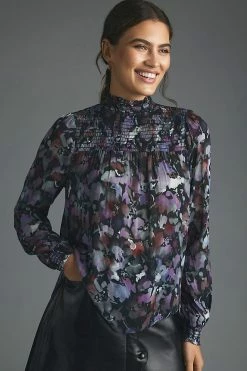 Best Pirce 🔔 Bella Dahl Smocked High-Neck Blouse PURPLE MOTIF 🎉 -Pilcro shop unnamed file 739