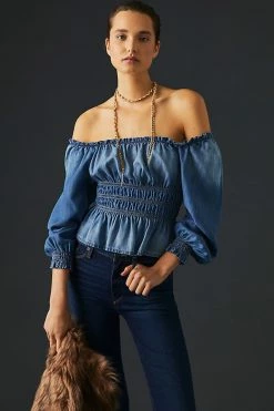 Best Pirce 🔥 Bella Dahl Smocked Off-The-Shoulder Top BLUE 🧨