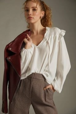 Discount 😀 Bella Dahl Smocked Tie-Neck Blouse WHITE 🔥