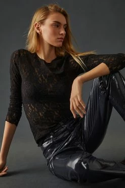 Outlet 👏 Hanky Panky Signature Lace Long-Sleeve Top BLACK 🔥