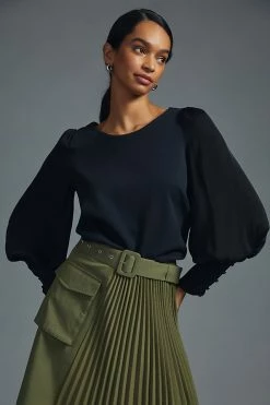 Best Pirce 🎁 By Anthropologie Silky Balloon-Sleeve Top BLACK ❤️