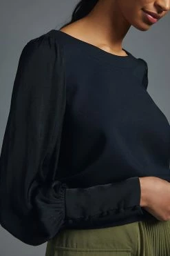 Best Pirce 🎁 By Anthropologie Silky Balloon-Sleeve Top BLACK ❤️ -Pilcro shop unnamed file 804