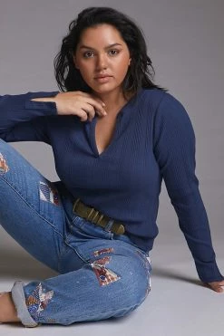 Best Pirce 🌟 Maeve Split-Neck Top NAVY 👏 -Pilcro shop unnamed file 854