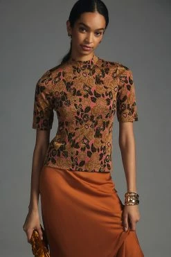 Deals 😉 Maeve Mock-Neck Jacquard Top BROWN MOTIF 💯