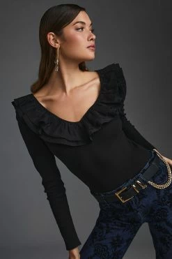Hot Sale 😀 Dolan Left Coast DOLAN Ruffled V-Neck Top BLACK 🌟