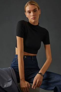 Cheapest 🎁 By Anthropologie Seamless Cropped Mock-Neck Top BLACK ⭐